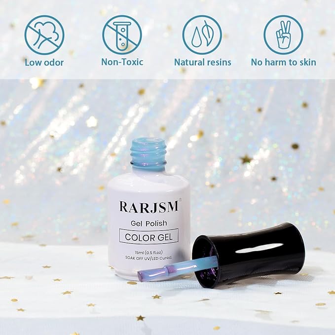 RARJSM 15ML Sky Blue Pearlescent Gel Polish - Mermaid Nail Gel Polish with Purple Glitter & Red Shimmer - Soak Off LED UV Drawing Swirl Thread Effect for DIY Manicure