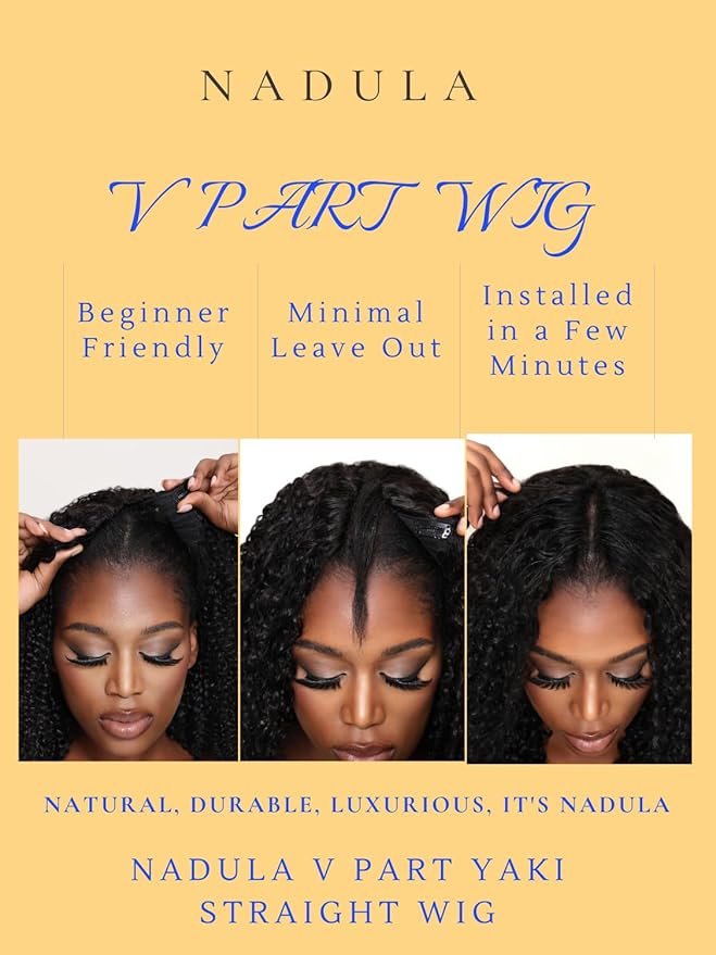 Nadula EasiContour V Part Yaki Straight Human Hair No Leave Out Clip in V-part Wig,12A Glueless Upgrade U Part Light Kinky Straight Human Hair Wig 180% Density with Elastic Drawstring 20inch
