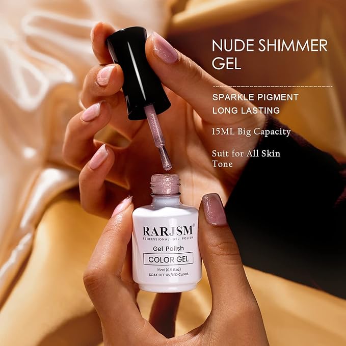 RARJSM Nude Gel Polish Sheer Pink Silver Glitter Jelly Shimmery Nail Gel Polish Iridescent Sparkly Light Pink Soak off Translucent Natural Skin Tone Color 15ml UV LED Cured French Manicure Homa Salon