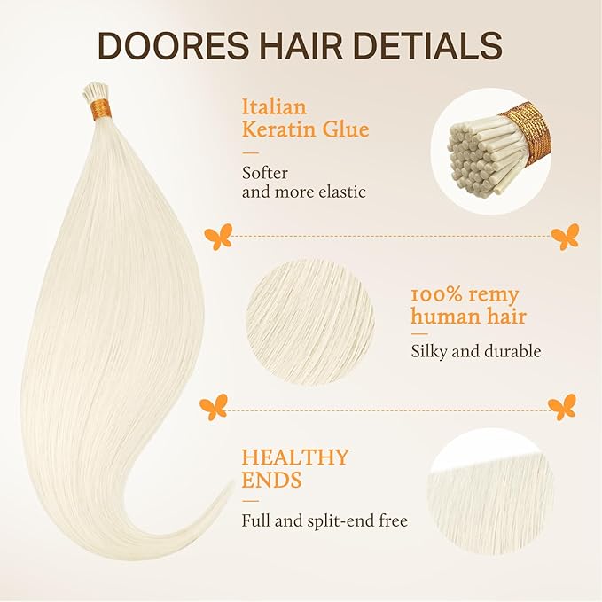 DOORES I Tip Hair Extensions Human Hair, Pearl Blonde 50g/100s 16 Inch, Itip Real Human Extensions Pre Bonded Cold Fusion