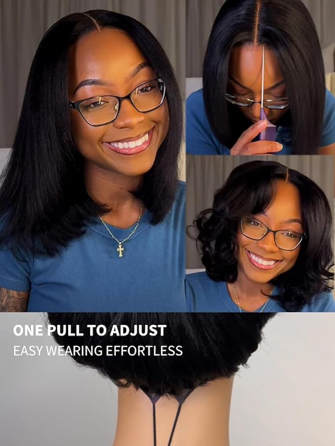 Julia Hair 12 Inch Yaki Straight Drawstring Wigs Human Hair Put On and Go Glueless Bob Wig 7x5 Bye Bye Knots Pre Plucked Pre-Cut Lace Closure Wig Beginner Friendly Black Short Yaki Bob Bleached Knots