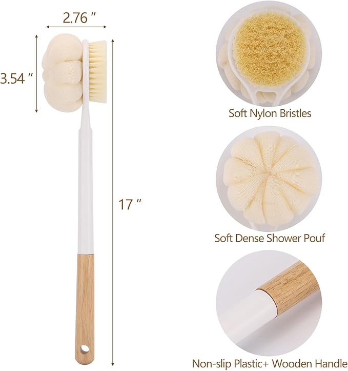 BTYMS Bath Sponge Back Brush Long Handle for Shower 17 Inch, Double Sided Exfoliating Back Scrubber Brush Shower Body Brush with Soft Bristles and Loofah