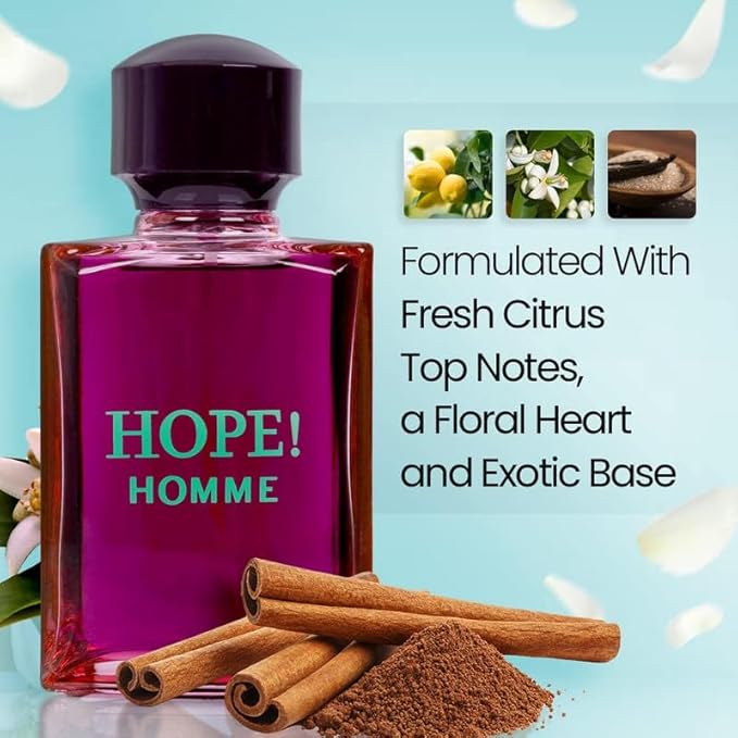 NovoGlow Hope Homme - 100ml Eau De Parfum Spray for Men - Spicy Floral & Intense Fragrance Warm Scent Lasts All Day Long - Includes Carrying Pouch Gift for All Occasions