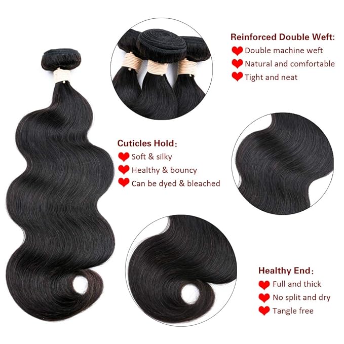 BEAUDIVA Hair Brazilian Body Wave Human Hair 3 Bundles with Closure Free Part (18 20 22 +16 Closure) 100% Unprocessed Virgin Human Hair extensions With body wave Lace Closure Natural Black
