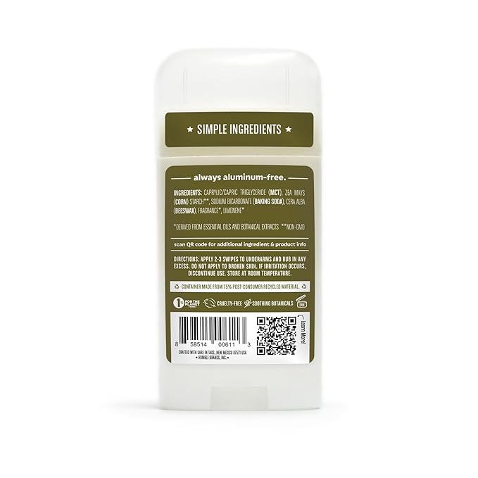 HUMBLE BRANDS Original Formula Aluminum-free Deodorant. Long Lasting Odor Control with Baking Soda and Essential Oils, Texas Cedarwood and Grapefruit, Pack of 1