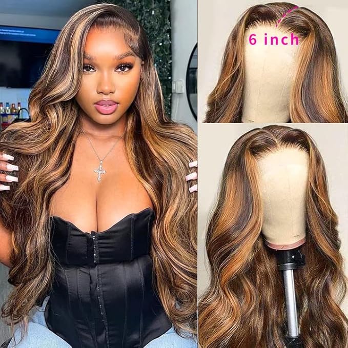 Aicrelery Highlight Ombre 13x6 Lace Front Wig Human Hair Pre Plucked 13x6 HD Transparent 4/27 Honey Blonde lace frontal Wigs with Baby Hair 180% Density Body Wave Lace Front wig for Women 22 Inch