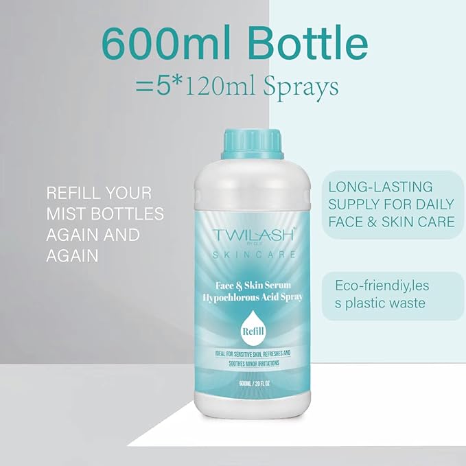 Hypochlorous Acid Spray 600ml Refill | HOCl Face & Skin Cleanser | Facial Mist, Acne & Eczema Relief, Tattoo & Piercing Aftercare | Eyelid Lash Cleanser | Alcohol-Free pH-Balanced Toner