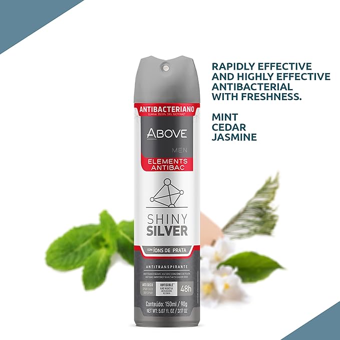 ABOVE Shiny Silver - 48 Hours Elements Antiperspirant Deodorant for Men - Notes of Jasmine and Mint - Dry Spray Protects Against Sweat and Body Odor - Stain, Cruelty and Alcohol Free - 3.17 oz