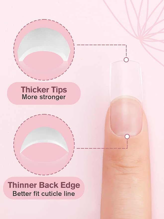 EBANKU Build on Apex Natural Nail Tips, 16 Sizes 160 PCS Middle Square Clear Acrylic Full Cover Press on Nail Tips with Builder Glue, Pre-applied Tip Primer & Base Coat
