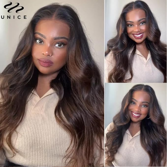 UNICE Chestnut Brown Ombre Body Wave Human Hair Weave 3 Bundles 14 14 14 inch Brazilian Remy Human Hair Wavy Sew in Human Hair Extensions
