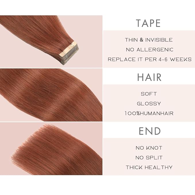Tape in Hair Extensions Human Hair 20pcs Remy Hair Extensions 18 Inch Auburn Brown Straight Invisible Human Hair Tape in Extensions Skin Weft Tape Extensions Human Hair (#A33,18 Inch)