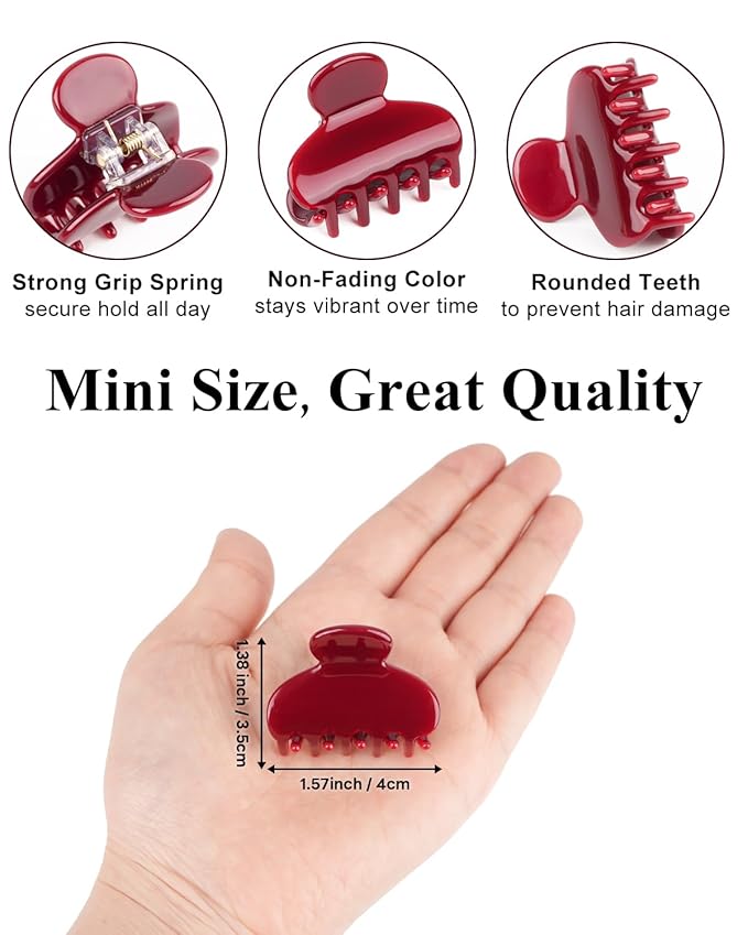 MAORULU 2 Pack Mini Acetate Hair Claw Clips – 1.6 Inch Small Durable Hair Clips for Women & Girls, Strong Hold Mini Jaw Clips for Bangs & Half Up Hairstyles (Cherry Red)