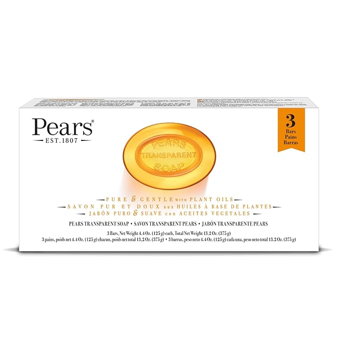 Pears Glycerin Soap, Transparent Amber Value Pack – Pure & Gentle Cleanser with Natural Oils, 3 Bars, 4.4 Oz Ea