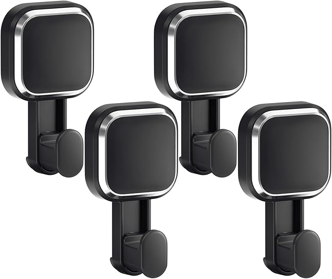 LEVERLOC 4 Pack Suction Cup Hooks for Inside Shower, Powerful Vacuum Suction Shower Holder for Towel, Loofah, Clothes, Damage Free Hanging Bathroom Wall Hooks, Easy to Install and Remove, Black
