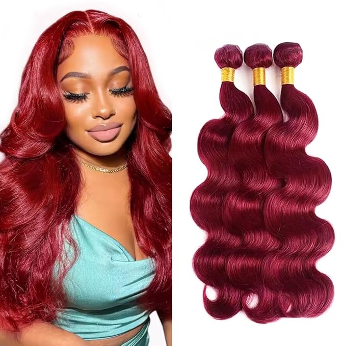 Freiuoke 99J Human Hair Bundles Burgundy Body Wave 3 Bundles 20 22 24 Inch 150g Brazilian Unprocessed Virgin Hair Red Bundles Human Hair Extensions