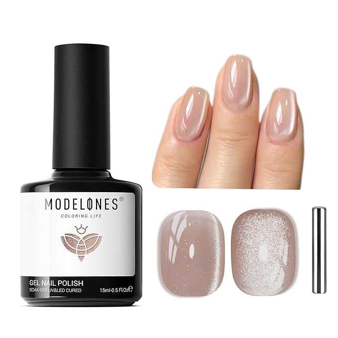 modelones Silk Cat Eye Gel Nail Polish,Pearl Nude Gel Polish Glitter Glass Polish with Magnet Soak Off Led Shimmer Shell 15 ML