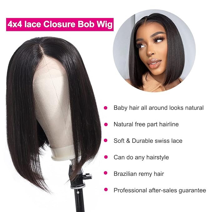 LICHANG 11 Inch 4x4 Lace Closure Bob Wigs Human Hair Wear And Go Straight Glueless Pre Plucked with Baby Hair for Black Women 180% Density
