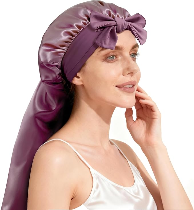 22 Momme 100% Mulberry Silk Bonnet for Sleeping Women, Satin Bonnet Wrap with Soft Tie Elastic Band, Non-Slip Hair Care Bonnet for Long Curly Hair Protection
