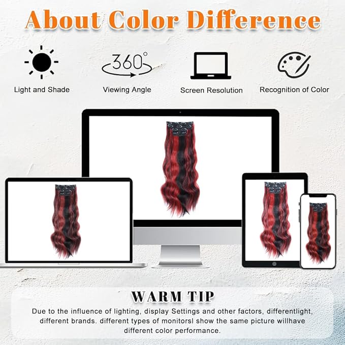 Vigorous Clip in Hair Extensions 4PCS Long Wavy Hair Extension 20Inch Thick Synthetic Hairpieces Fiber Double Weft Hair for Women(Black with Red Highlights)