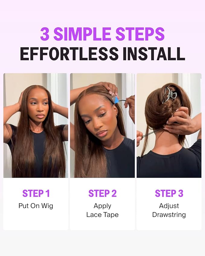 Glueless Chocolate Brown Drawstring Wig Human Hair Glueless Lace Front Wigs Human Hair Pre Plucked Pre Cut Bleached 220% Density 13x6 Frontal Straight Wig 26 Inch 4#