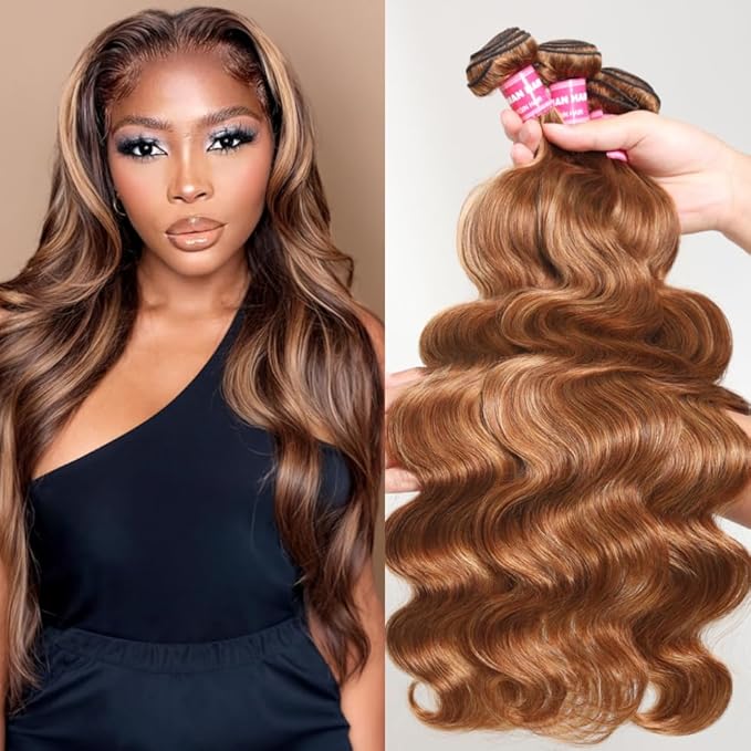 UNICE Body Wave Honey Blonde Highlight Human Hair Weave 3 Bundles Ombre 100% Brazilian Human Hair Weaves for Sew in Extensions TL412 Color 10 12 14 inch