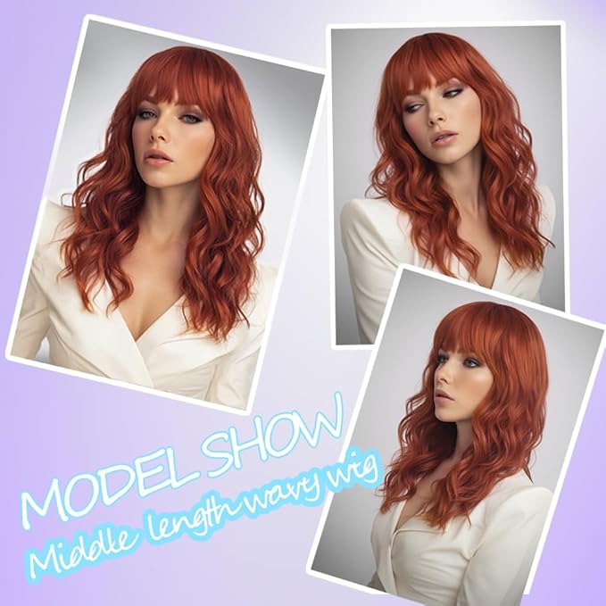 Copper Red Wigs with Bangs for Women Synthetic 16 inch Medium Length Wigs with Natural Long Wavy Fringe Bang wig Heat Resistant Hair for Daily Party Use (Copper)