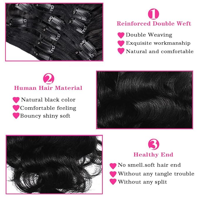 26Inch Clip in Hair Extensions Real Human Hair Body Wave 8Pcs Brazilian Human Hair Clip in Extensions with 18Clips Double Lace Weft 120g #1B Natural Black