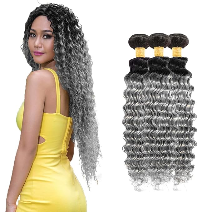 Silver Bundles Grey Deep Wave Human Hair Bundles 26 28 30 Inch Brazilian Unprocessed Virgin Hair 3 Bundles Tow Tone Black and Grey Bundles Human Hair Weave