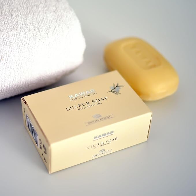 KAWAR Dead Sea Sulfur Soap with Olive Oil, Relief Skin Conditions Such as Acne, Psoriasis, Eczema & Blackheads, for Oily to Normal Skin, Vegan Soap Bar for Men & Women, 4.2 oz (Pack of 2)