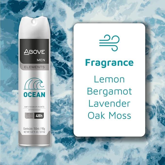 ABOVE Ocean - 48 Hours Element Antiperspirant Deodorant Set for Men - Dry Spray Protects Against Sweat and Body Odor - Leaves No White Marks - Delicate Scent - Alcohol Free - 4 pc