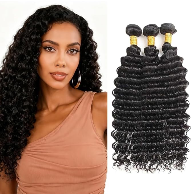 Deep Wave Bundles Human Hair Bundles Deep Wave 150g/3 Bundle 20 22 24 Inch Brazilian Virgin Hair Deep Wave Bundles Human Hair Bundles for Black Woman