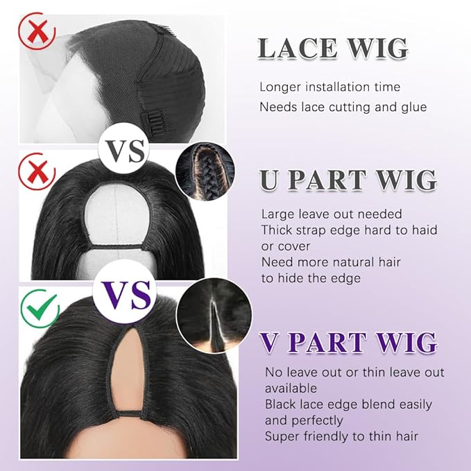 V Part Wigs Human Hair Body Wave 24 Inch Upgrade Glueless U Part Wigs With Drawstring 200% Density No Leave Out No Sew In V Shape Half Wig For Women Beginner Friendly Natural Black
