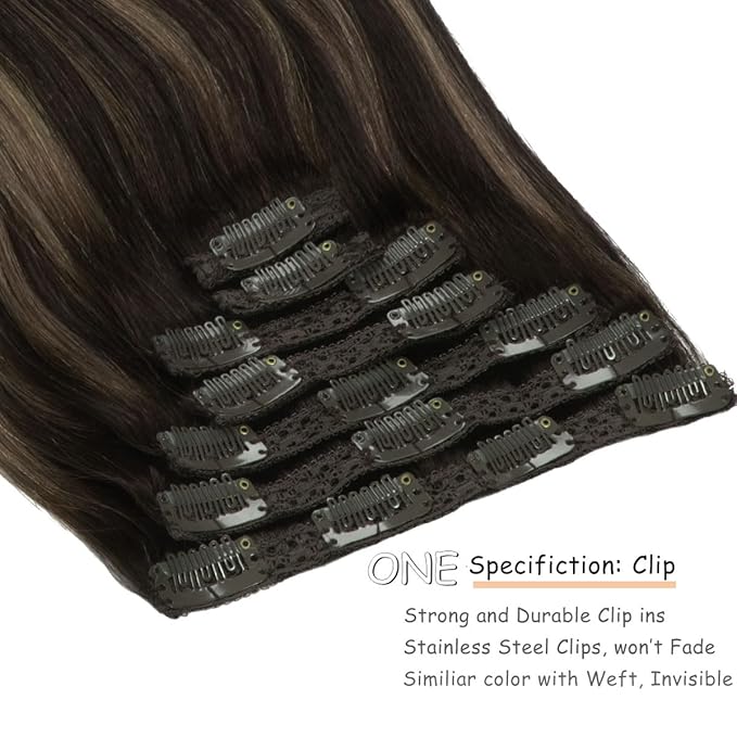 Caliee Clip in Hair Extensions Real Human Hair 100% Remy Human Hair Clip in Hair Extensions R1B-1B/6A Natural Black to Light Chestnut Brown Invisible Lace Weft for Women 18Inch