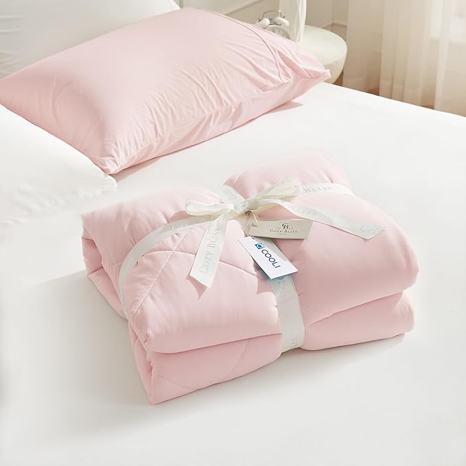 Cozy Bliss Cooling Comforter Queen Size, Cooling Blankets for Hot Sleepers and Night Sweats, Pink Gray Summer Comforter for Queen Size Bed, Breathable Soft Lightweight Silk Smooth