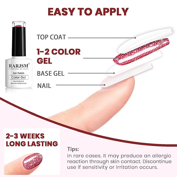 RARJSM Reflective Glitter Gel Polish Red,Glitter Gel Nail Polish Red 7.5ml Holographic Rainbow Iridescent Shimmer L E D U V Soak Off Sparkle Diamond Gelpolish Nail Art Manicure Salon DIY at Home 1pcs