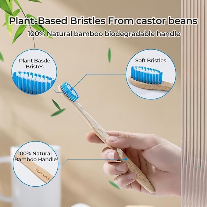 Bamboo Toothbrushes 10 Count, Soft Plant-Based Bristles, Natural Wooden Toothbrush for Adults, Biodegradable Travel Tooth Brushes