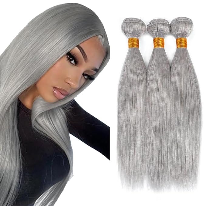 30 32 34 Inch Grey Human Hair Bundles Grey Straight Bundle Silver Hair Weave Mixed Length 3 Bundles Double Weft Hair Extensions