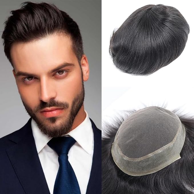 6x8 7x9 Hair Men’s Toupee Mono Lace PU Hairpiece Replacement Capillary Prosthesis System 100% Human Hair Breathable Durable Males Wig Natural Black (Q6, 7X10)