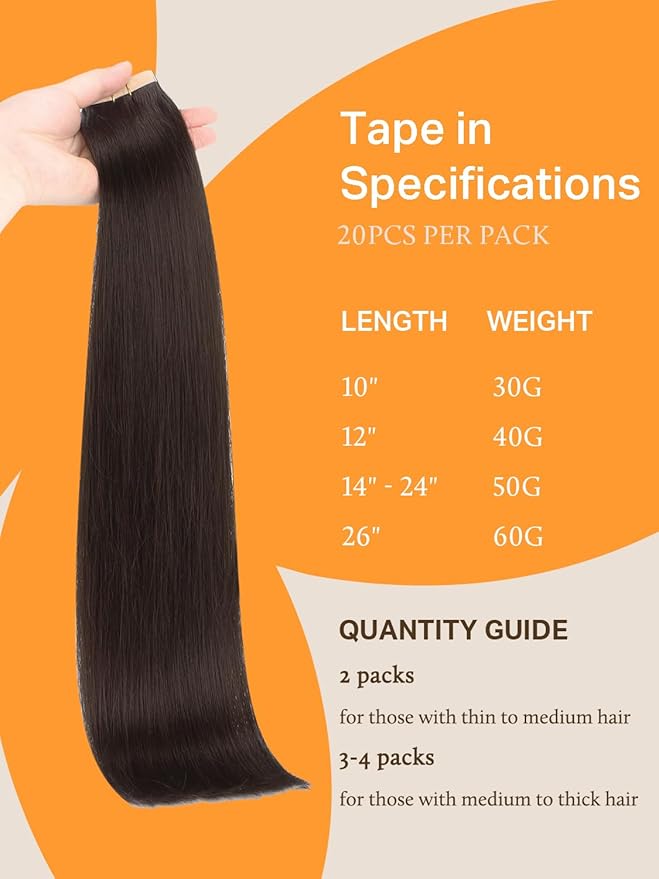 DOORES Tape in Hair Extensions, Real Human Hair, Light Dark Brown, 22 Inch, 50g, 20pcs, Remy Straight, Seamless Tape in