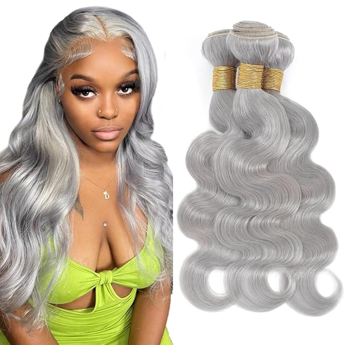 28 30 32 Inch Freiuoke Silver Human Hair Bundles Grey Body Wave Bundle Gray Hair Weave 3 Bundles Gray Color Long Hair Extensions