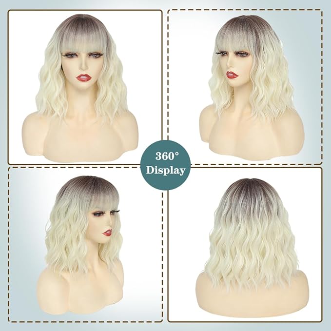 WAVE&BREEZE Short Platinum Blonde Wigs with Bangs 14Inch Wavy Curly Bob Hair Wig for Women Shoulder Length Natural Looking Hair Replacement Wig for Daily Party Cosplay Costume Halloween