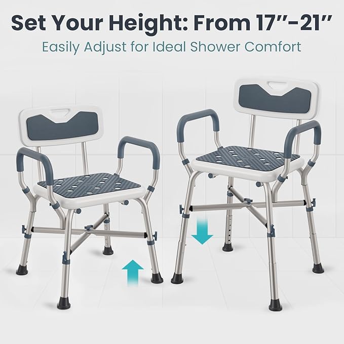 Shower Chair (450lb) with Padded Armrests and Back, Showers Chair for Elderly and Disabled, Adjustable Height Shower Seat, Heavy Duty Shower Chairs for Inside Shower, Handicap - Grey