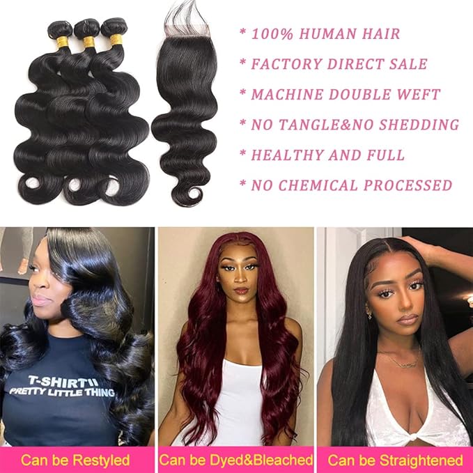 Body Wave Human Hair Bundles with Closure 100% Unprocessed Brazilian Virgin Human Hair 3 Bundles Body Wave with 4X4 Free Part Lace Closure Natural Black Hair Extension
