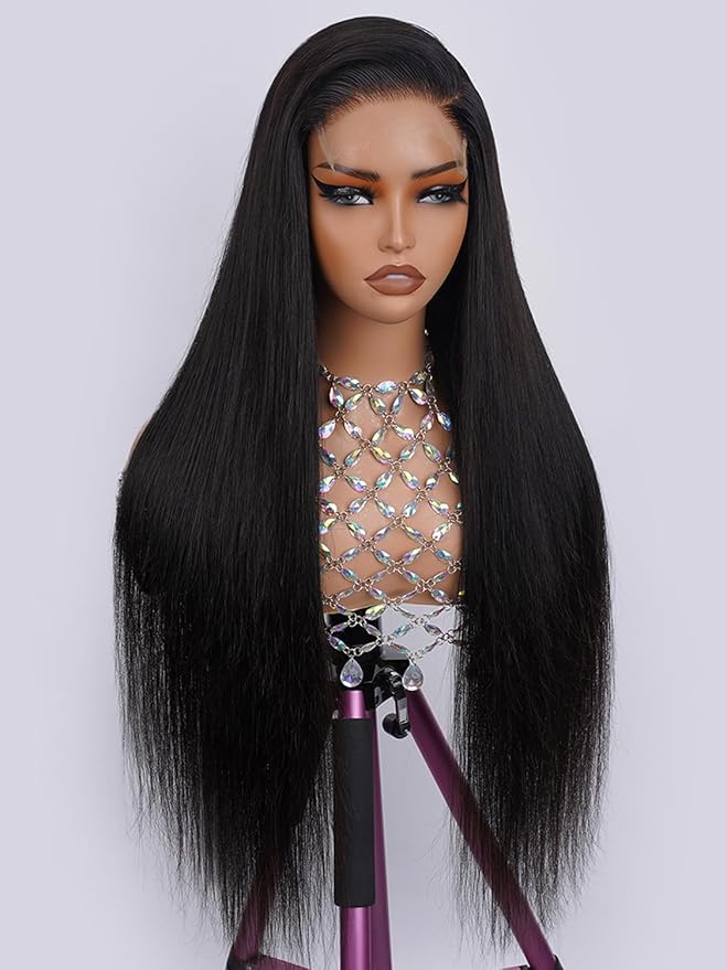 NESMON 5x5 Real SKINLIKE HD Lace Closure Wig, Straight 200% Density Wig 0.10mm Ultra-thin Swiss Lace Pre-plucked Bleached Small Knots Natural Black Human Hair Wigs for Women 28 Inch