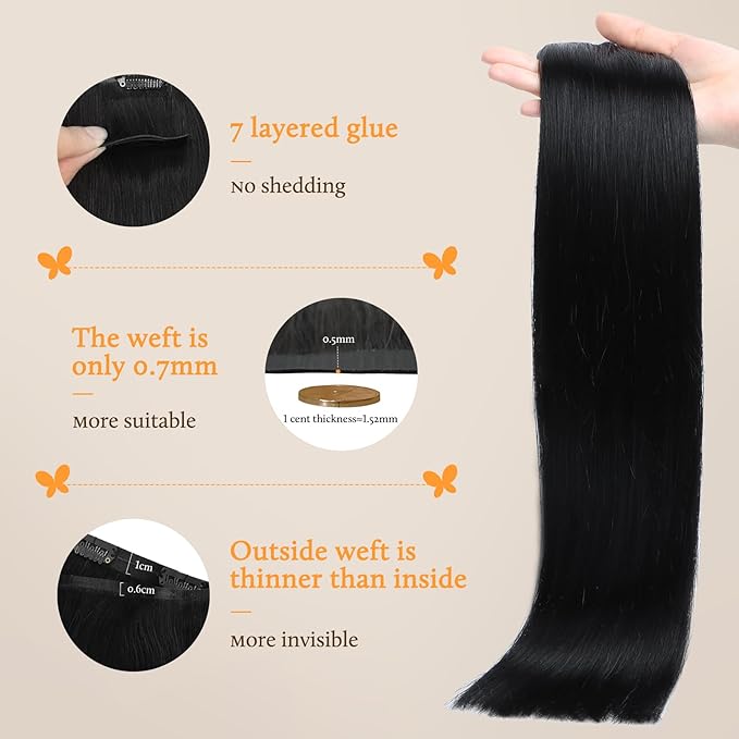 DOORES Seamless Clip in Hair Extensions Real Human Hair, Jet Black 120g 7pcs 24 Inch, Hair Extensions Clip in Human Hair Extensions Clip ins with Skin Weft Remy Straight Hair