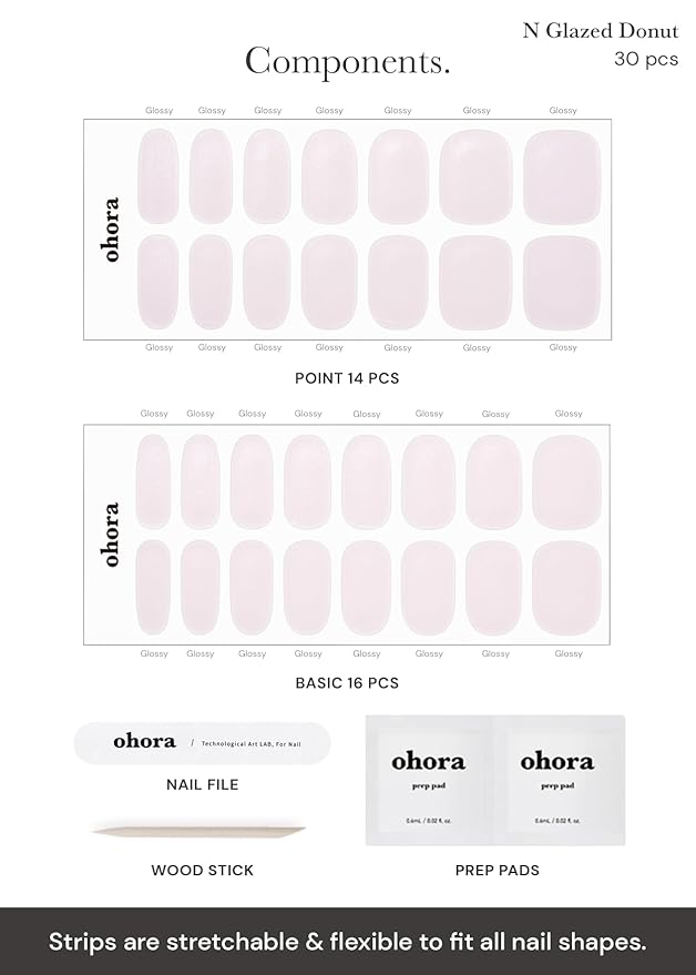 ohora Semi Cured Gel Nail Strips (N Glazed Donut) - White, Solid, Works with Any UV/LED Lamps, Salon-Quality, Long Lasting, Easy to Apply & Remove - Includes 2 Prep Pads, Nail File & Wooden Stick