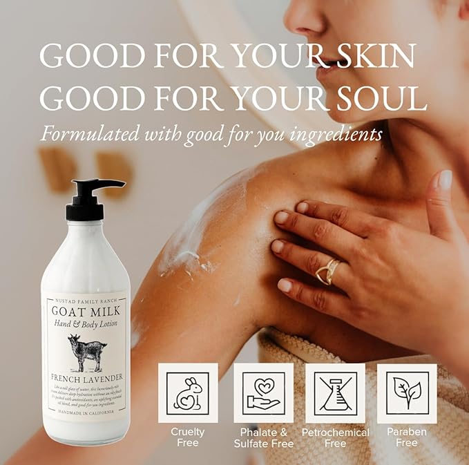 Goat Milk Lotion for Dry, Sensitive Skin – Natural Body Moisturizer for Face, Hands & Body – Hydrating Non-Greasy Cream – Handmade in USA with Clean Ingredients (16oz, French Lavender)