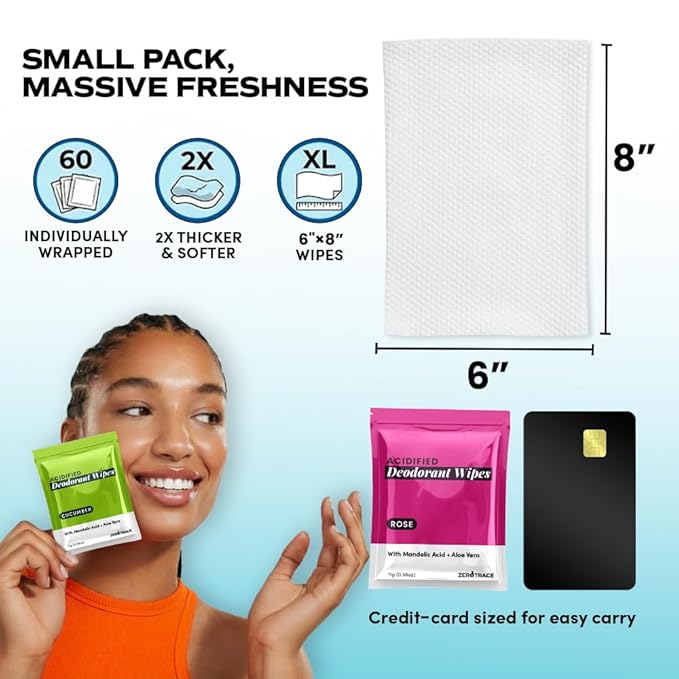 Zero Trace Travel Deodorant Wipes - 60 Count- 24 Hour Odor Control - Aluminum Free Hypoallergenic Mini Deodorant For Women and Men - Individually Wrapped Underarm & Body Wipes- Fresh Botanics