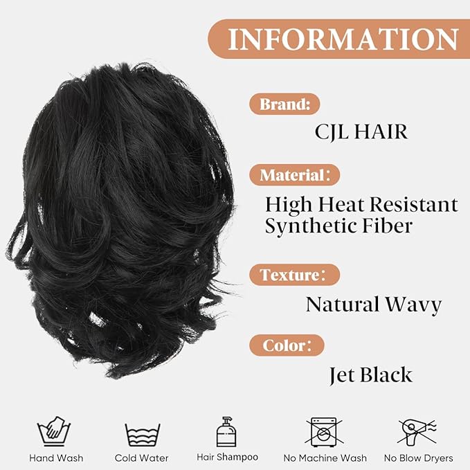 CJL HAIR Claw Clip Short Ponytail Hair Extensions DIY Bendable Metals Messy Bun Hair Piece for Wonen Wavy Curly Synthetic Fake Hairpieces Jet Black