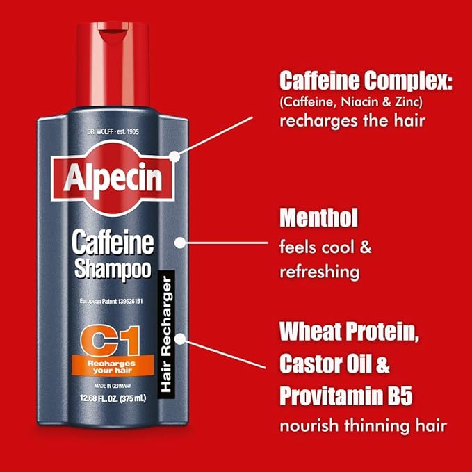Alpecin C1 Caffeine Shampoo 8.45 fl oz (Pack of 2) Men's Natural Hair Growth Shampoo for Thinning Hair with Niacin and Castor Oil